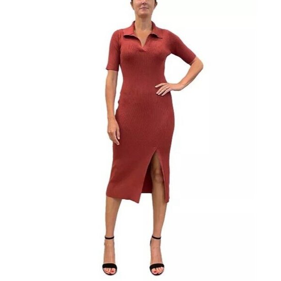 NWT Sam Edelman Dress Size Large Ribbed Collared Midi Sweater $118 Rust Orange - Picture 1 of 16